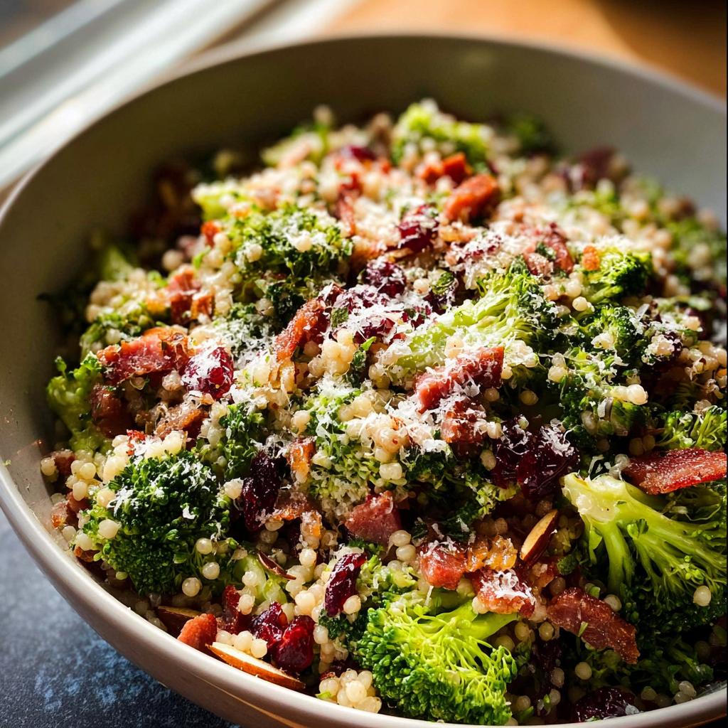 A close-up of a bowl filled with a vibrant broccoli and couscous salad, topped with cranberries, bacon, and grated Parmesan cheese.