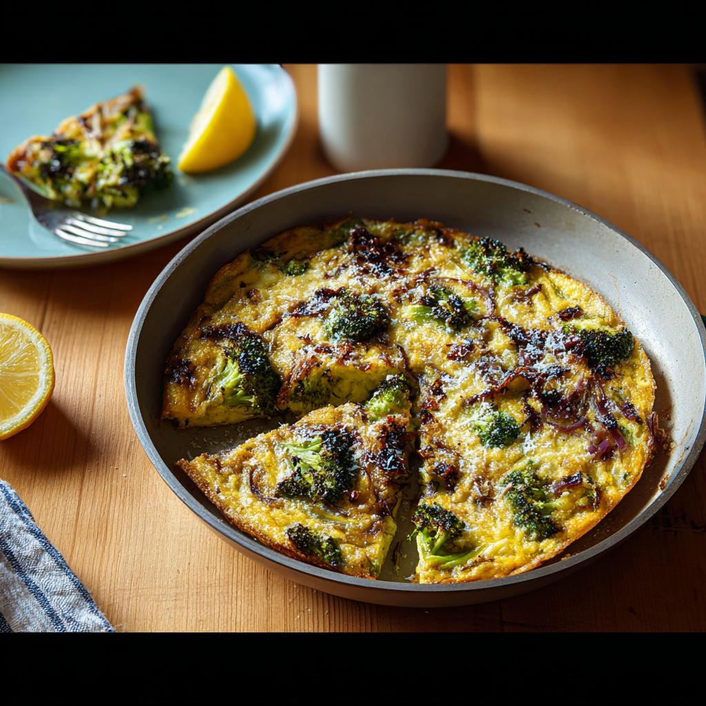 A golden-brown broccoli frittata in a skillet, a slice served on a plate with lemon. A quick and delicious egg recipe idea.