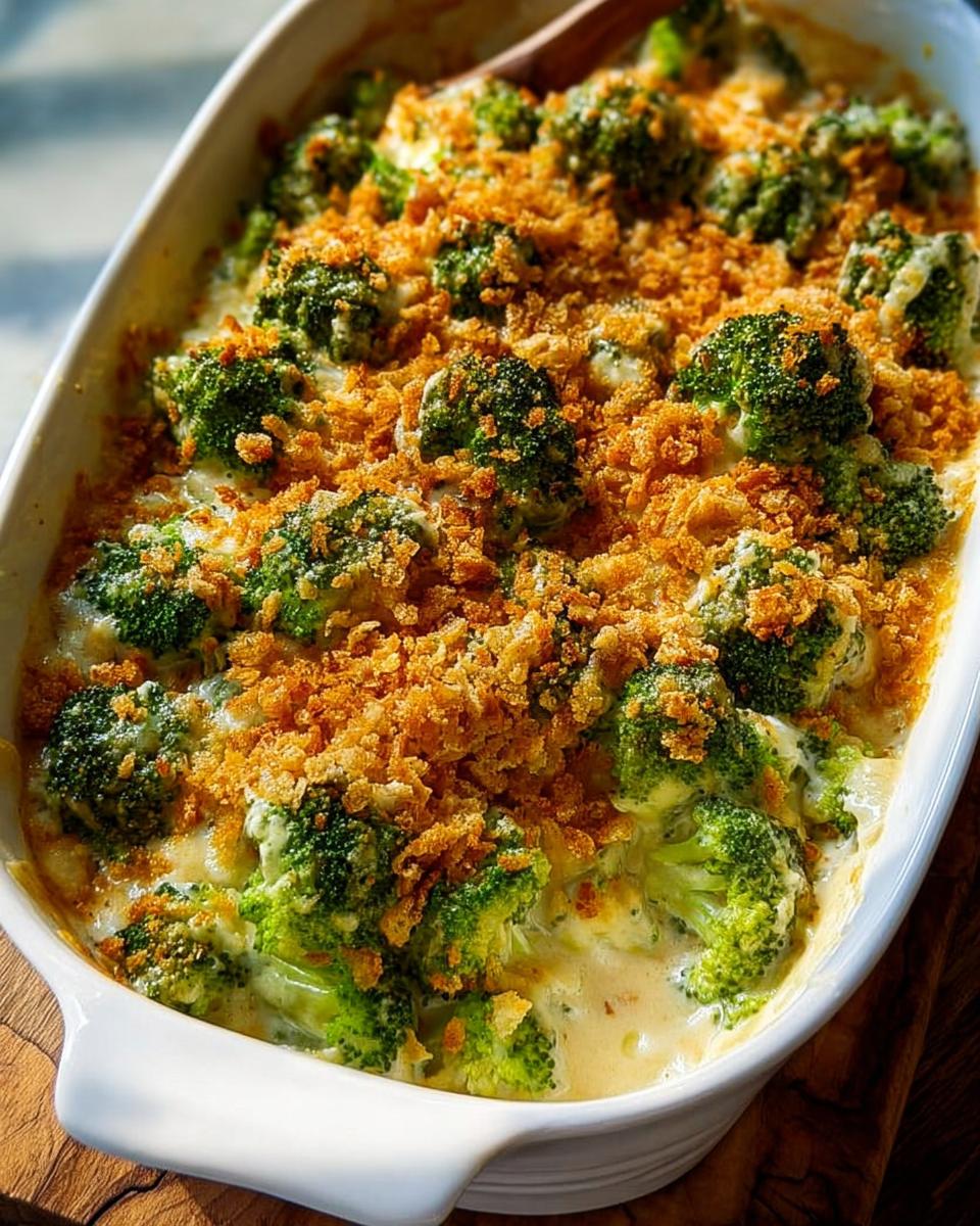 Close-up of a creamy broccoli gratin topped with golden breadcrumbs in a white baking dish.