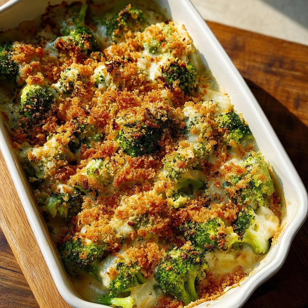 A close-up of a bubbling broccoli gratin in a white baking dish, topped with golden breadcrumbs.