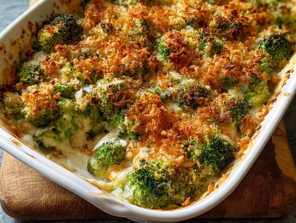 Close-up of a bubbly broccoli gratin in a white baking dish, topped with golden breadcrumbs.