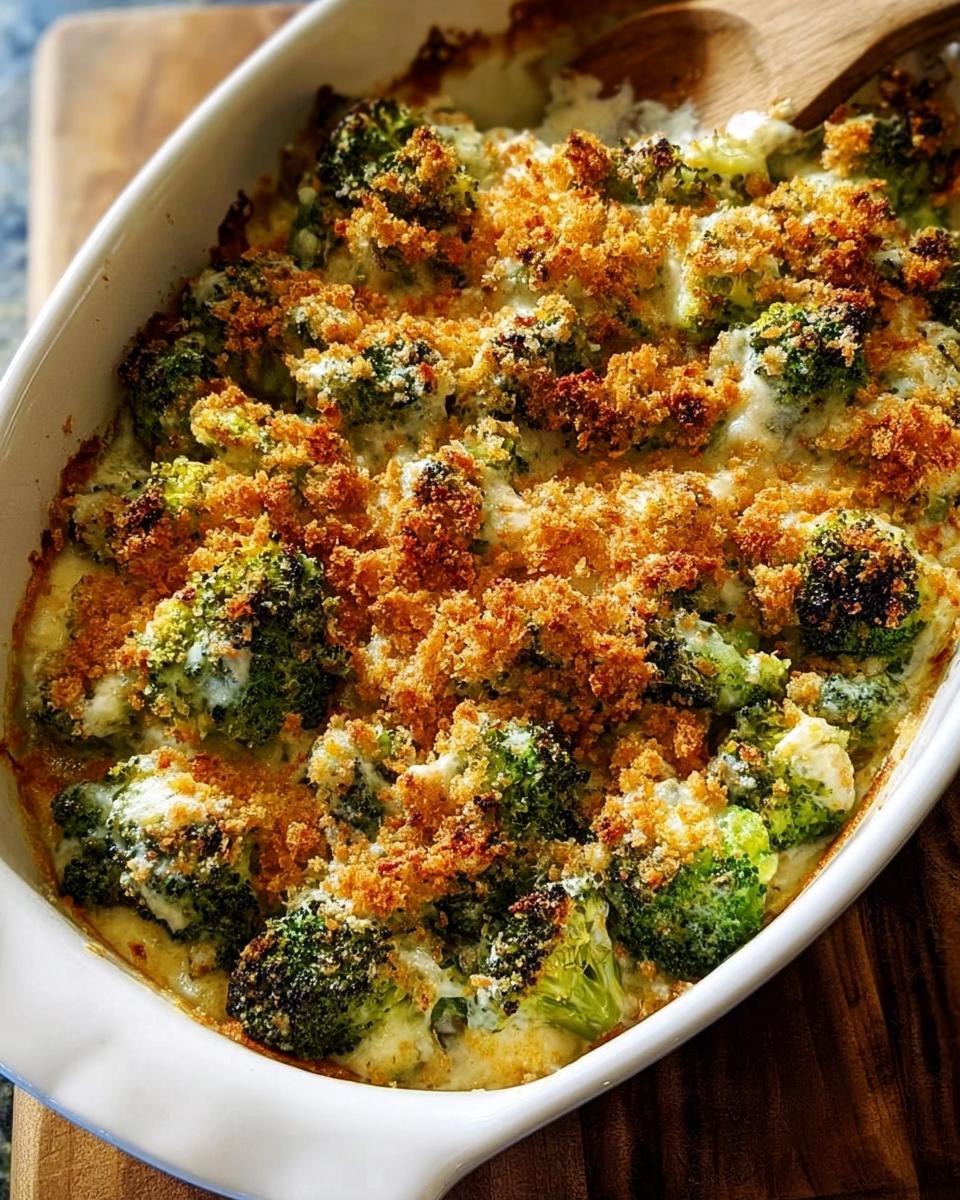 Close-up of a bubbling broccoli gratin in a white dish, topped with golden breadcrumbs.