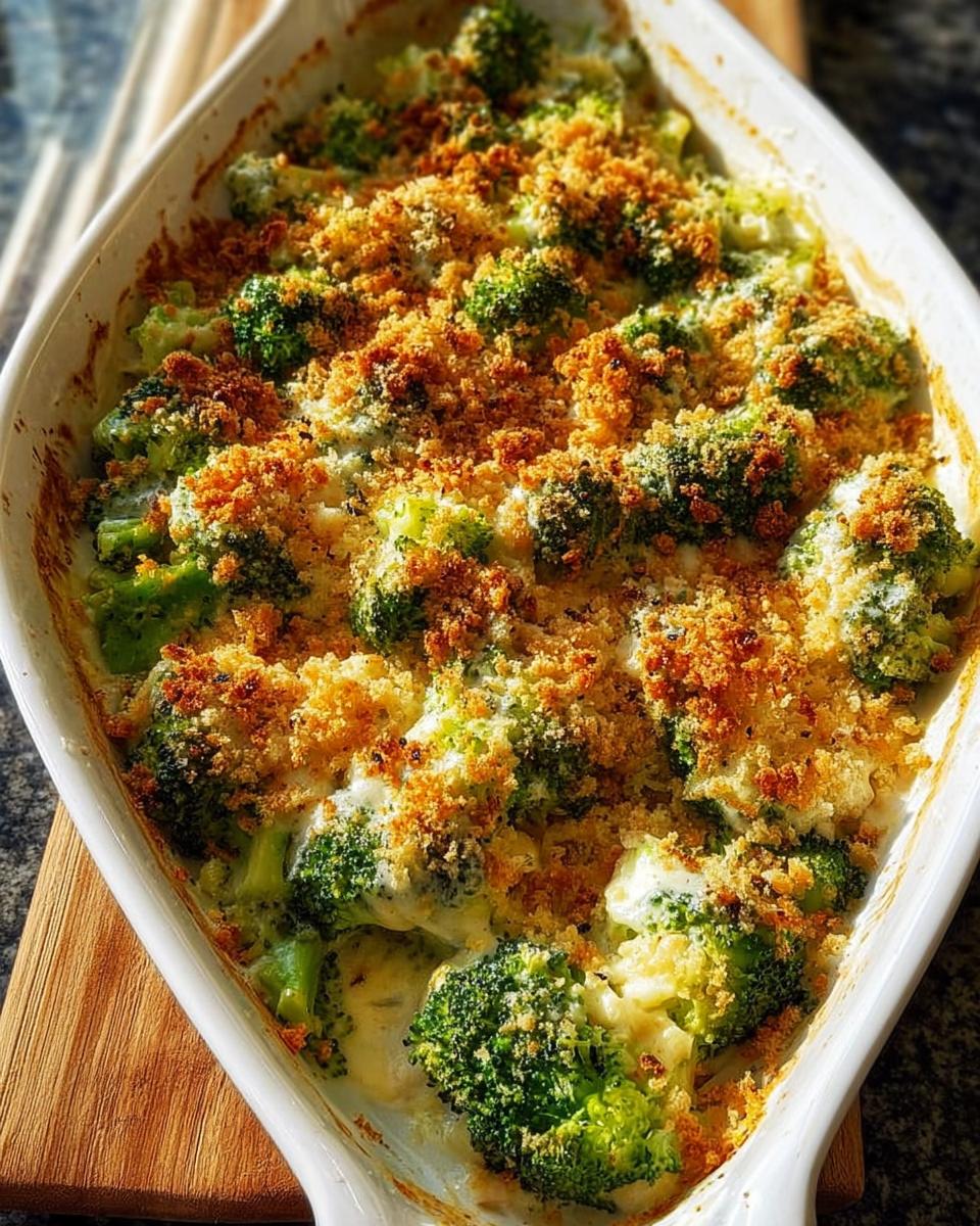 A close-up of a creamy broccoli gratin topped with golden breadcrumbs in a white baking dish.