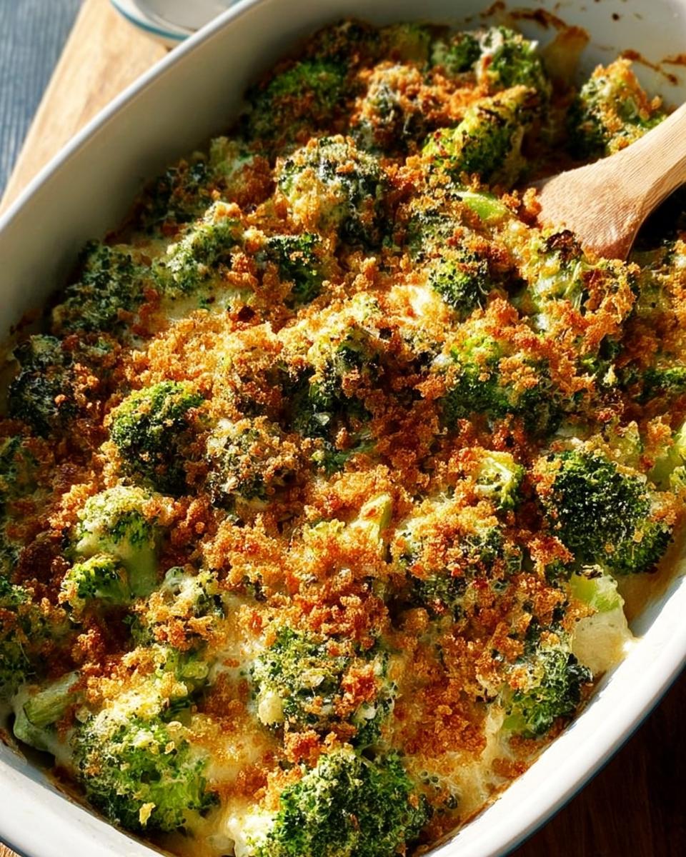 Close-up of a bubbling broccoli gratin in a white baking dish, topped with golden breadcrumbs.