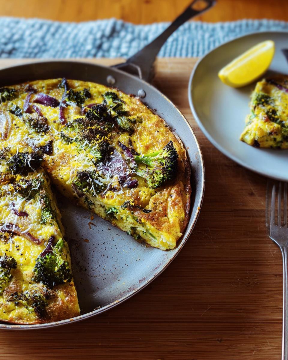 A golden-brown frittata with broccoli florets and red onion slices, a slice served on a plate with a lemon wedge.