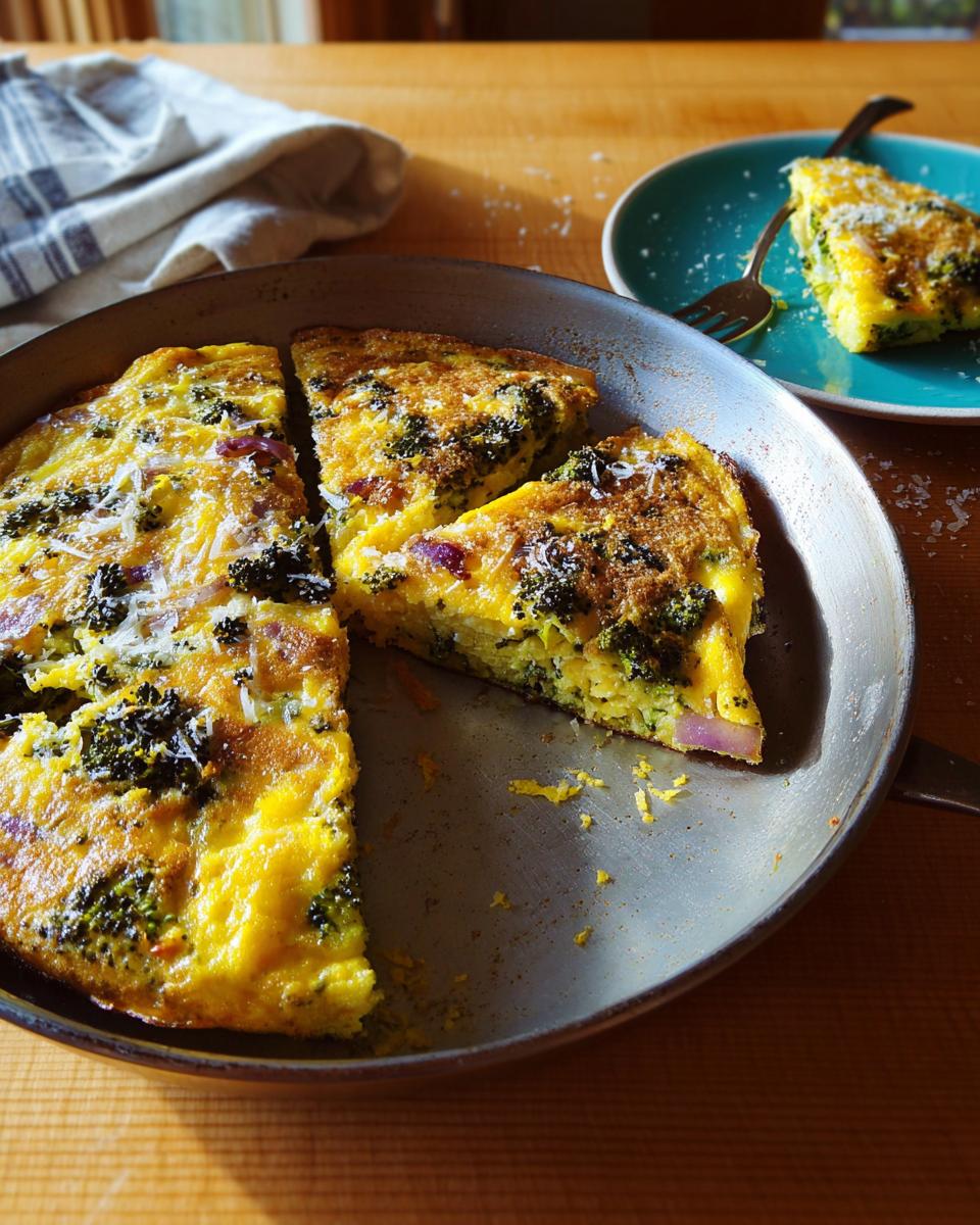 A golden-brown frittata with broccoli florets and red onion, sliced and served in a skillet, showcasing one of the 25 Genius Egg Recipes.