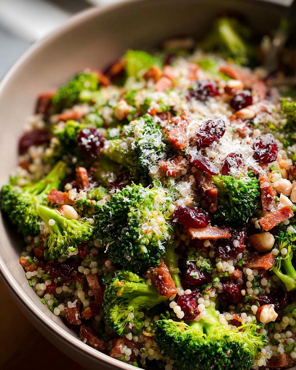Close-up of a vibrant broccoli salad with couscous, dried cranberries, crispy bacon, and grated cheese.