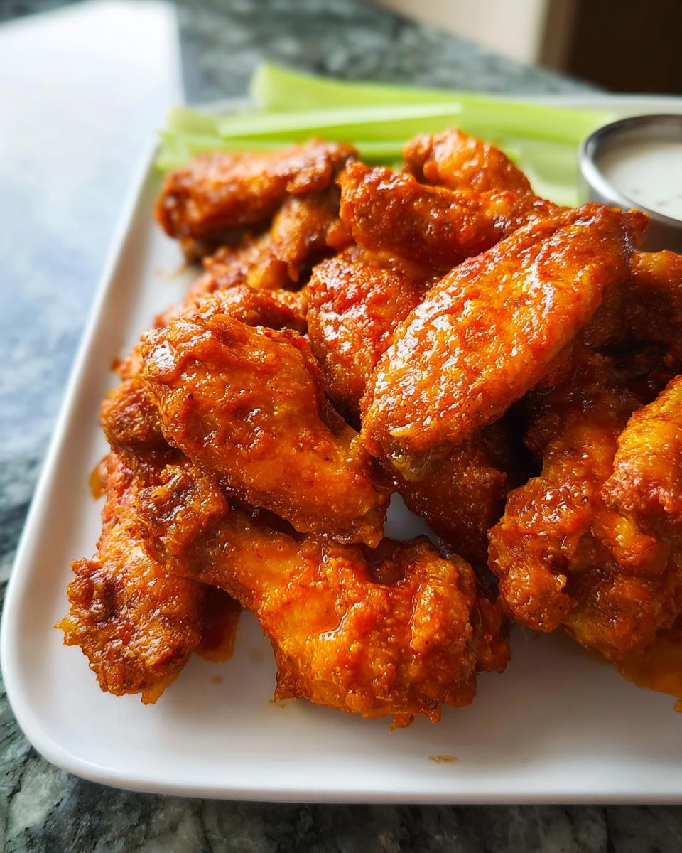 A plate of delicious, glossy buffalo chicken wings served with celery sticks and dipping sauce.
