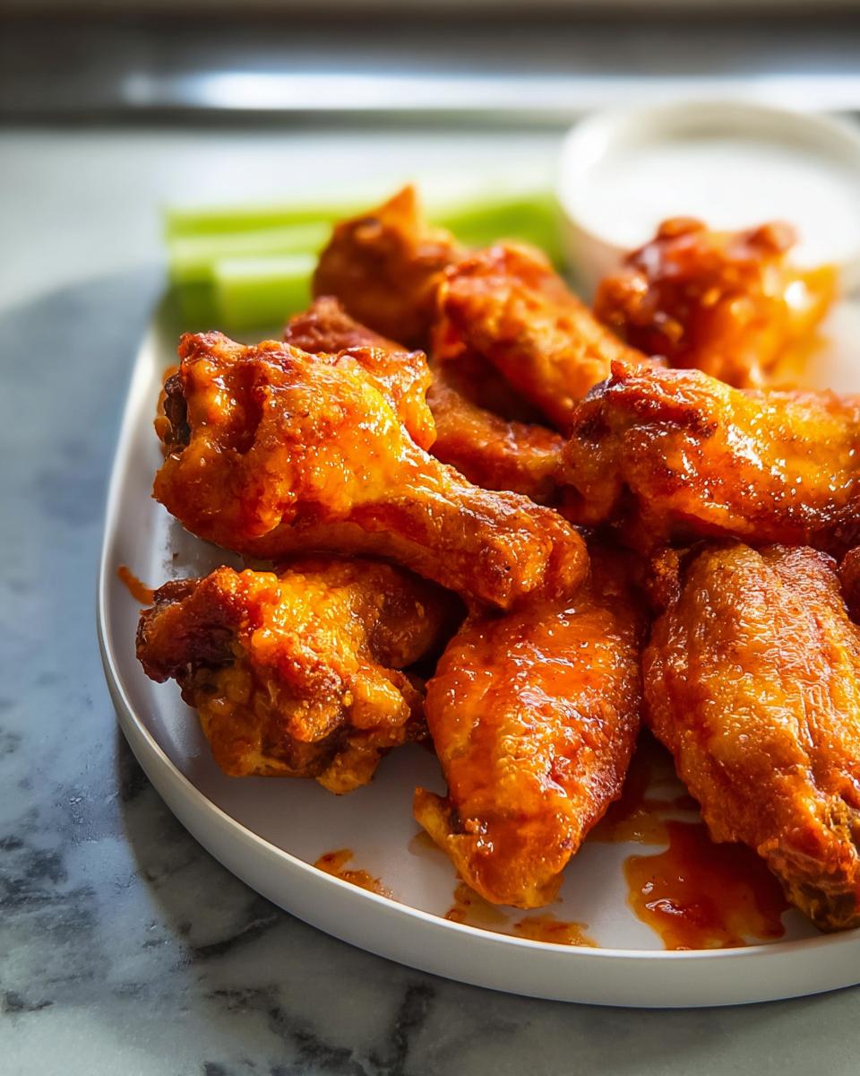 A plate of glossy buffalo chicken wings served with celery sticks and dipping sauce, perfect for quick weeknight meals.