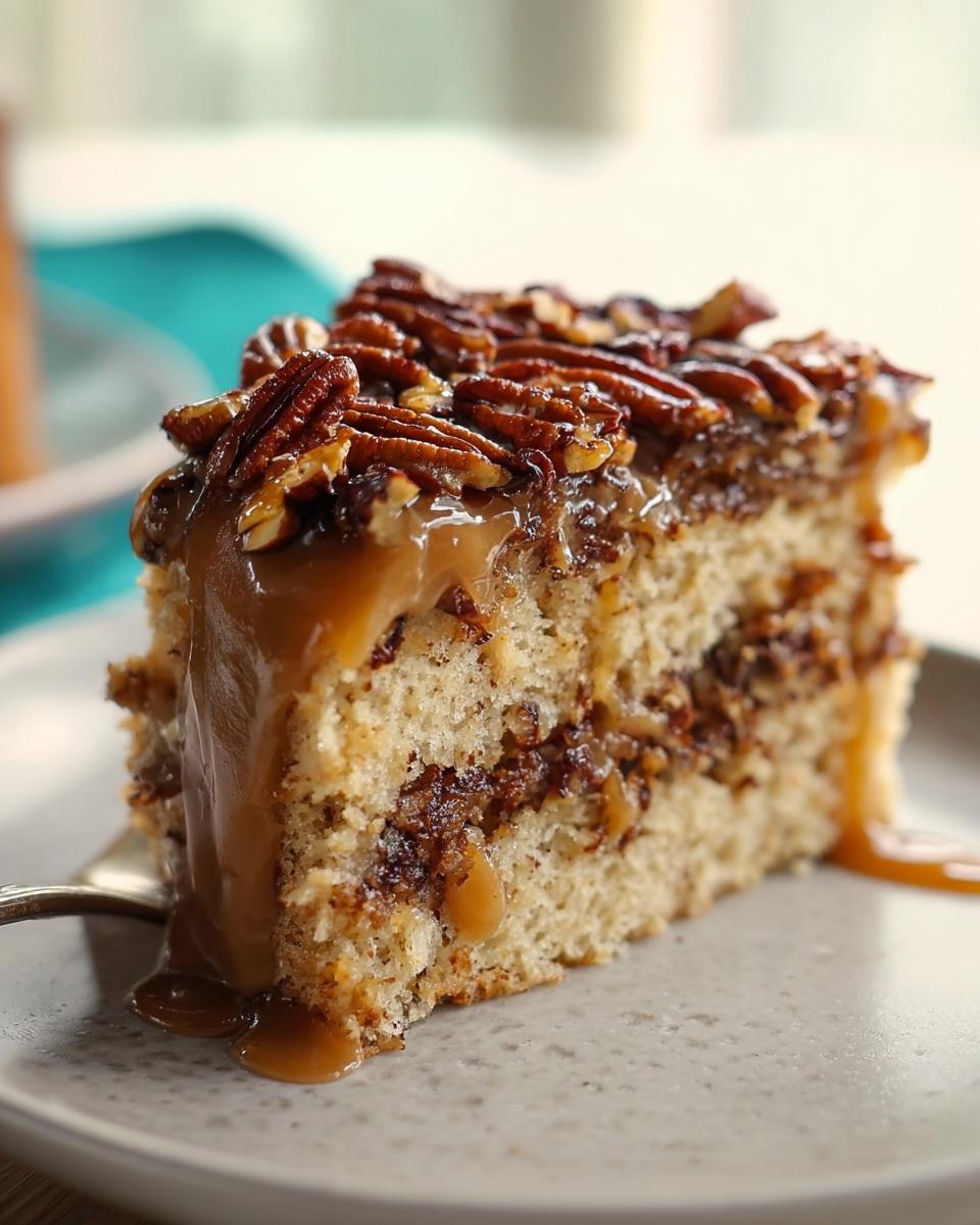 A delicious slice of caramel pecan cake, drizzled with extra caramel sauce and topped with whole pecans.