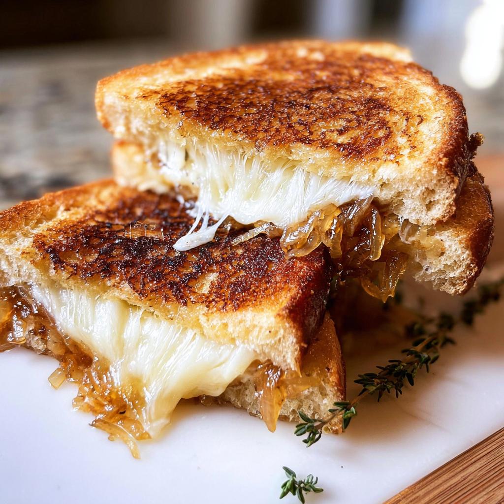 Close-up of a perfectly grilled cheese sandwich with caramelized onions and melted cheese oozing out.