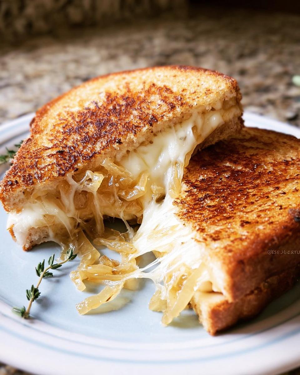 A close-up of a perfectly grilled cheese sandwich, oozing with melted cheese and caramelized onions.