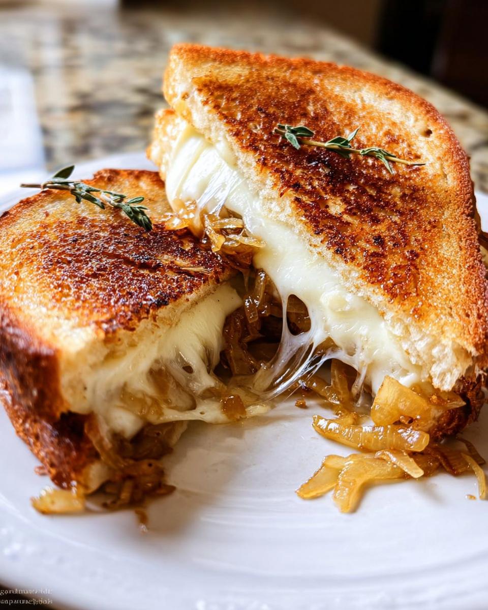 A close-up of a gourmet grilled cheese sandwich split in half, revealing melted cheese and caramelized onions, perfect for grilled cheese recipes meal prep.
