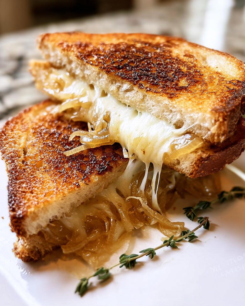 A mouthwatering caramelized onion grilled cheese sandwich, with melted cheese oozing out, perfect for meal prep.