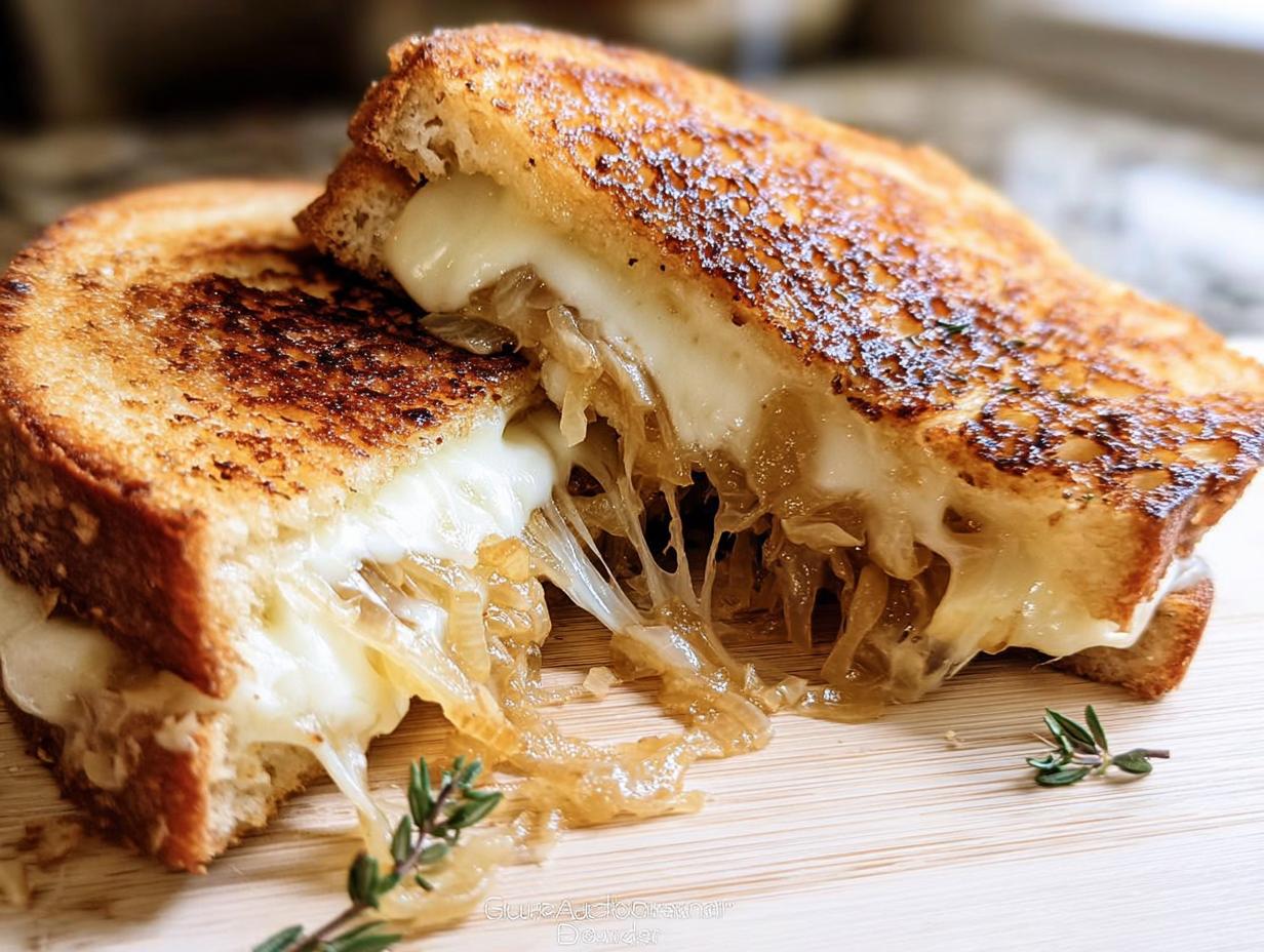 A perfectly grilled cheese sandwich with melted cheese and caramelized onions, cut in half to show the gooey interior.