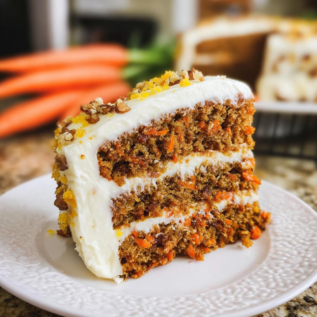 A slice of moist carrot cake with cream cheese frosting, topped with chopped nuts and citrus zest. Part of The Only Cake Ideas Recipes Recipe You’ll Need (2025).
