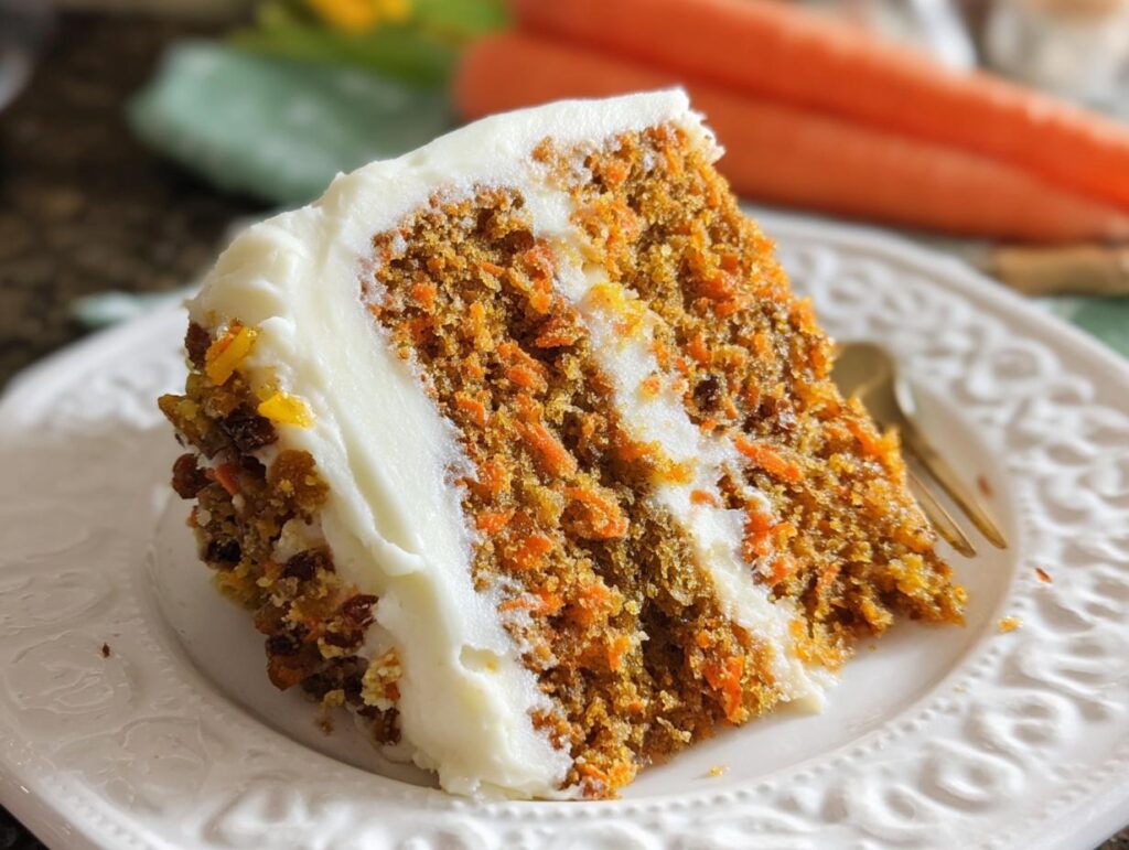 A moist slice of carrot cake with cream cheese frosting, featuring visible shredded carrots and nuts.