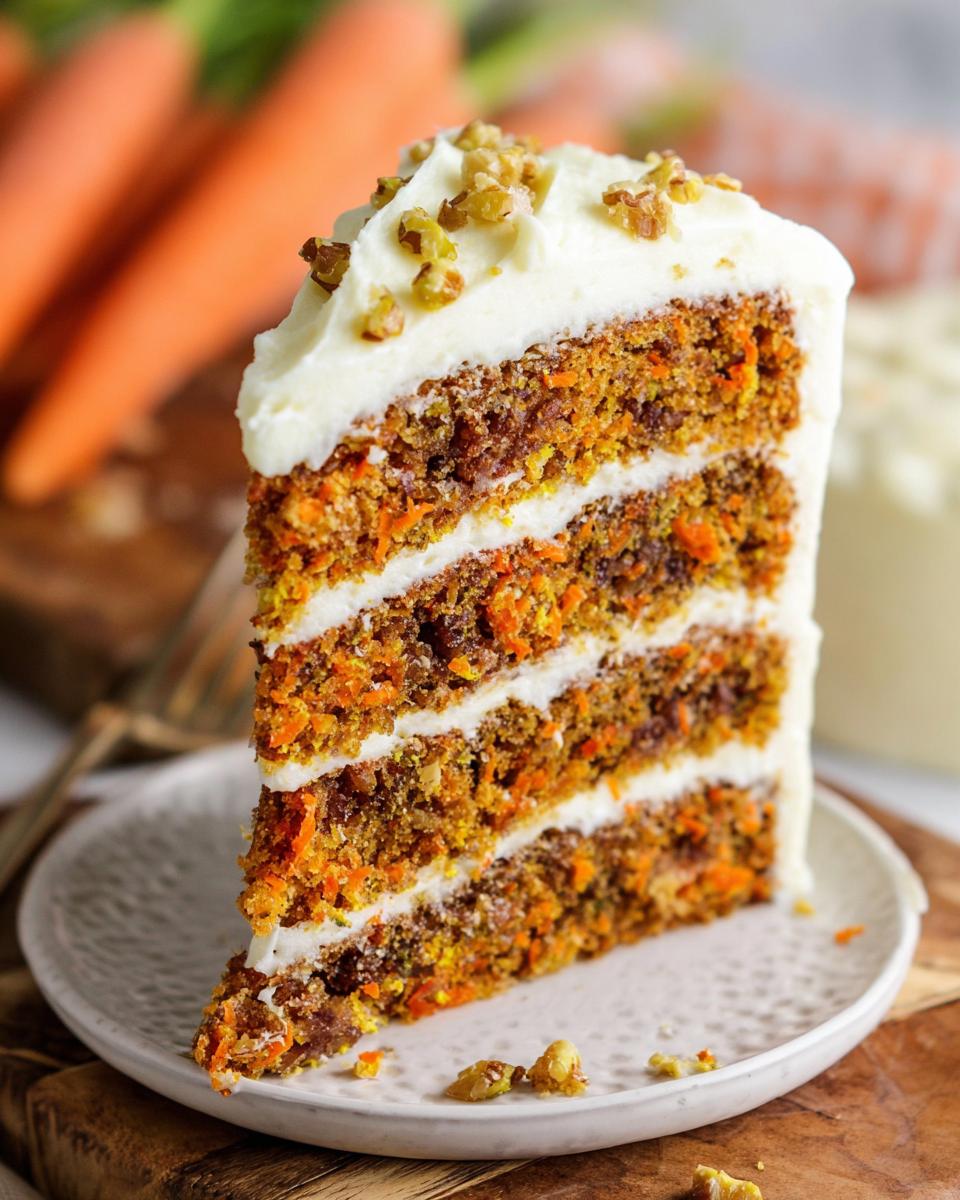 A slice of moist carrot cake with cream cheese frosting and chopped walnuts, showcasing layers of cake and frosting.