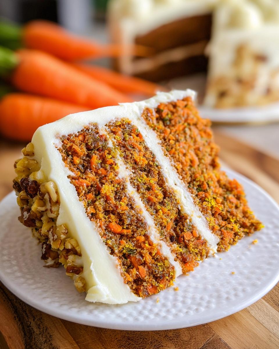 A moist slice of carrot cake with cream cheese frosting and walnuts, showcasing layers of cake and frosting.