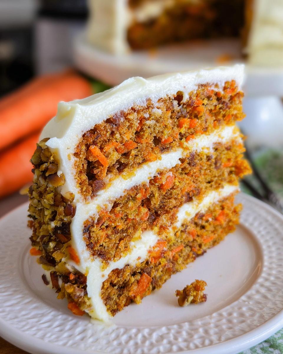A slice of moist carrot cake with cream cheese frosting, layered with nuts and carrots, from The Only Cake Ideas Recipes Recipe You’ll Need.