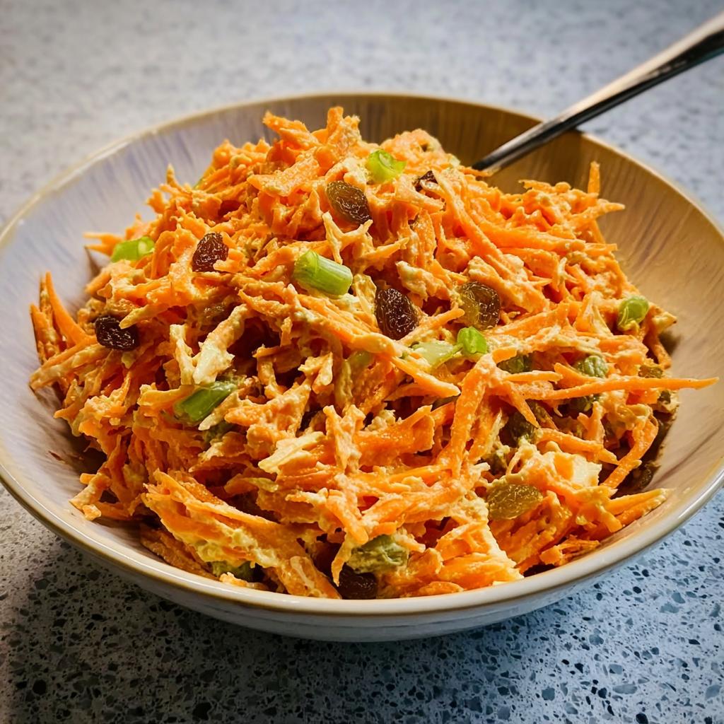 Close-up of a bowl of shredded carrot salad with raisins and green onions, part of quick veggie sides recipes.