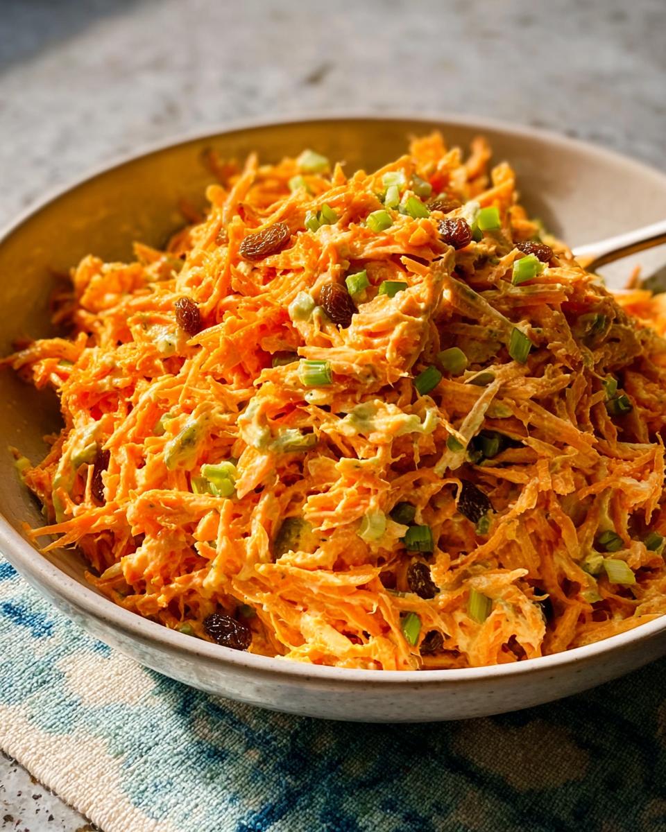 Close-up of a creamy carrot salad with raisins and green onions, perfect for veggie sides recipes.