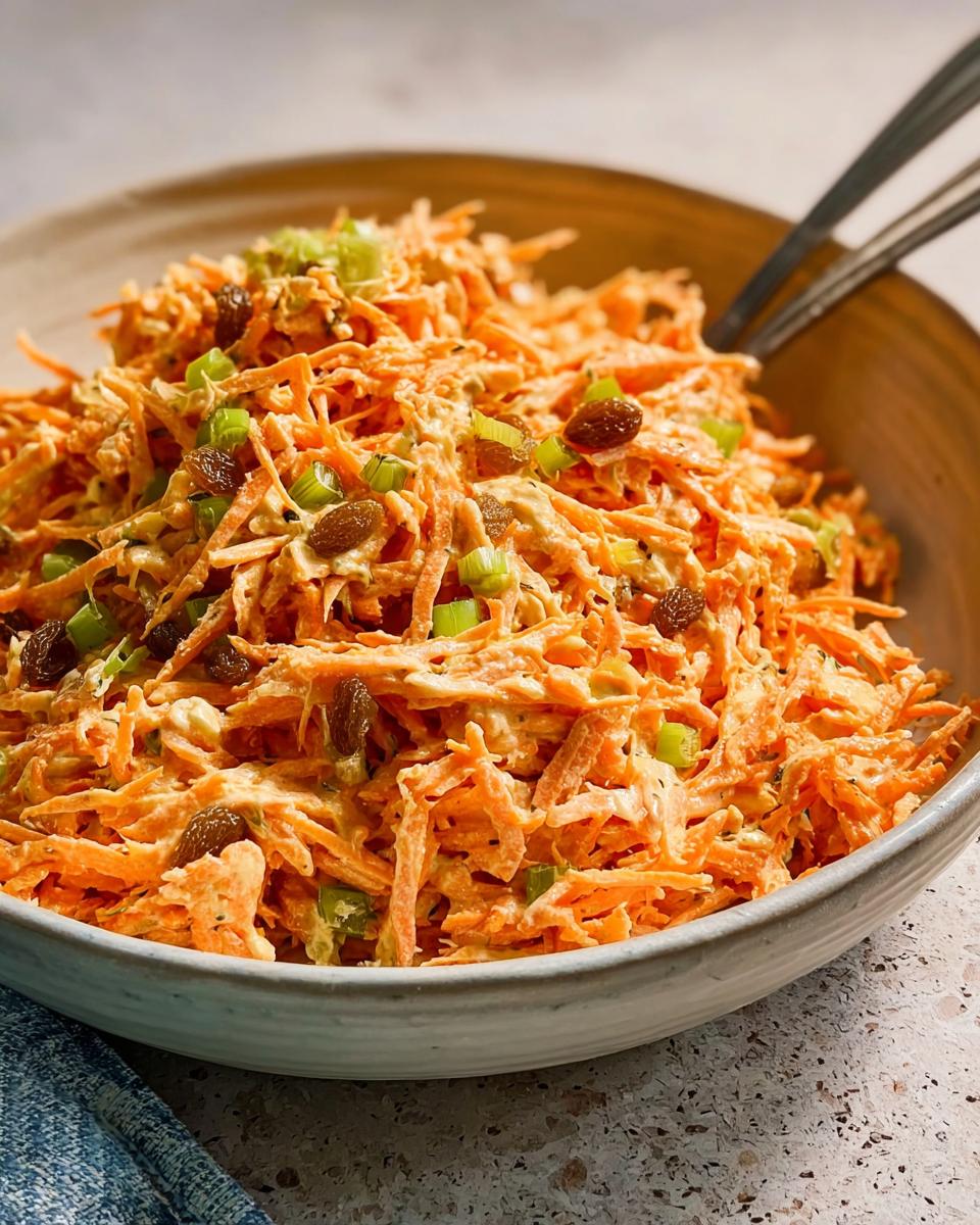 Close-up of a creamy carrot salad with raisins and green onions, a perfect veggie sides recipe.