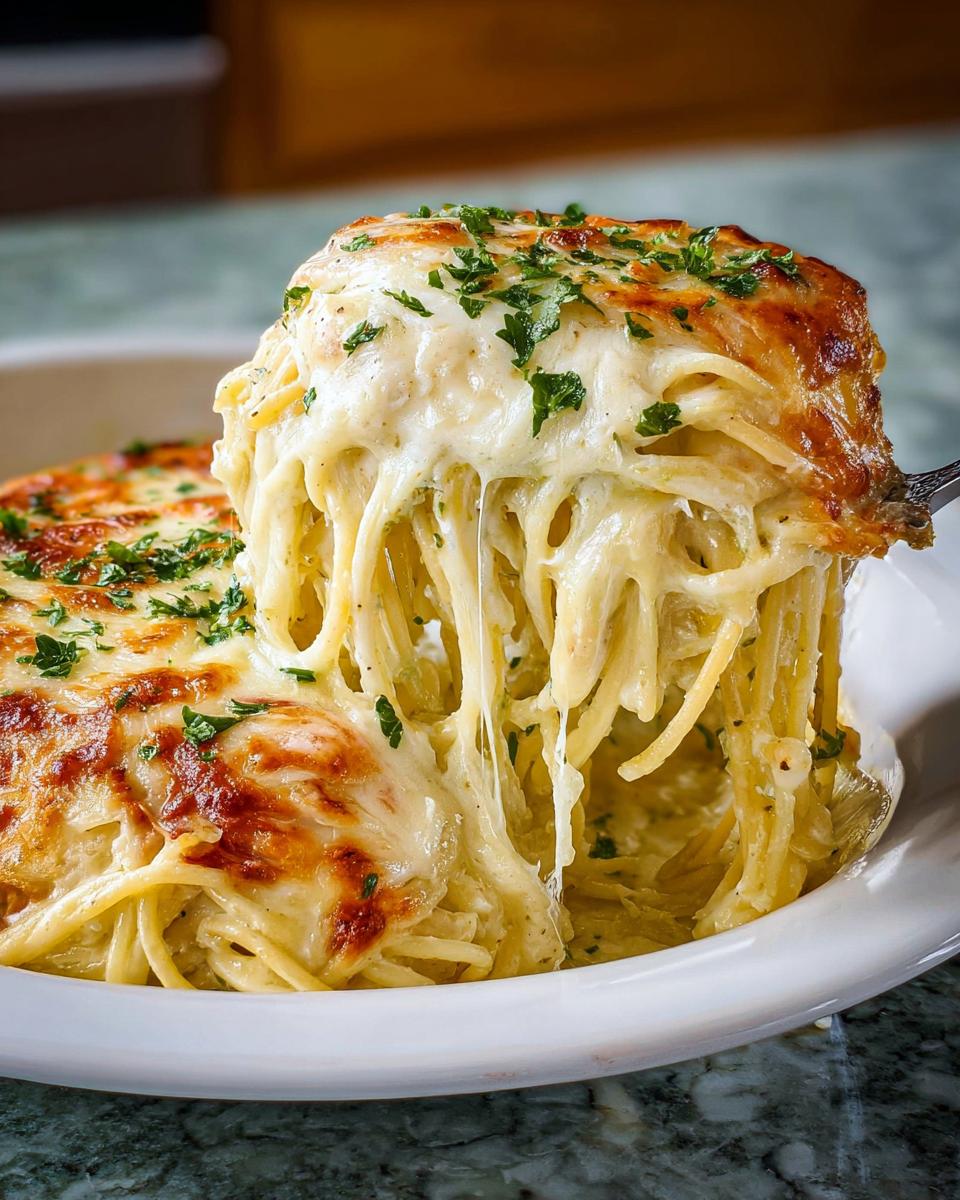 A fork lifting a generous portion of cheesy baked spaghetti, showing melted cheese strings, from a white dish. This is one of the best pasta recipes.