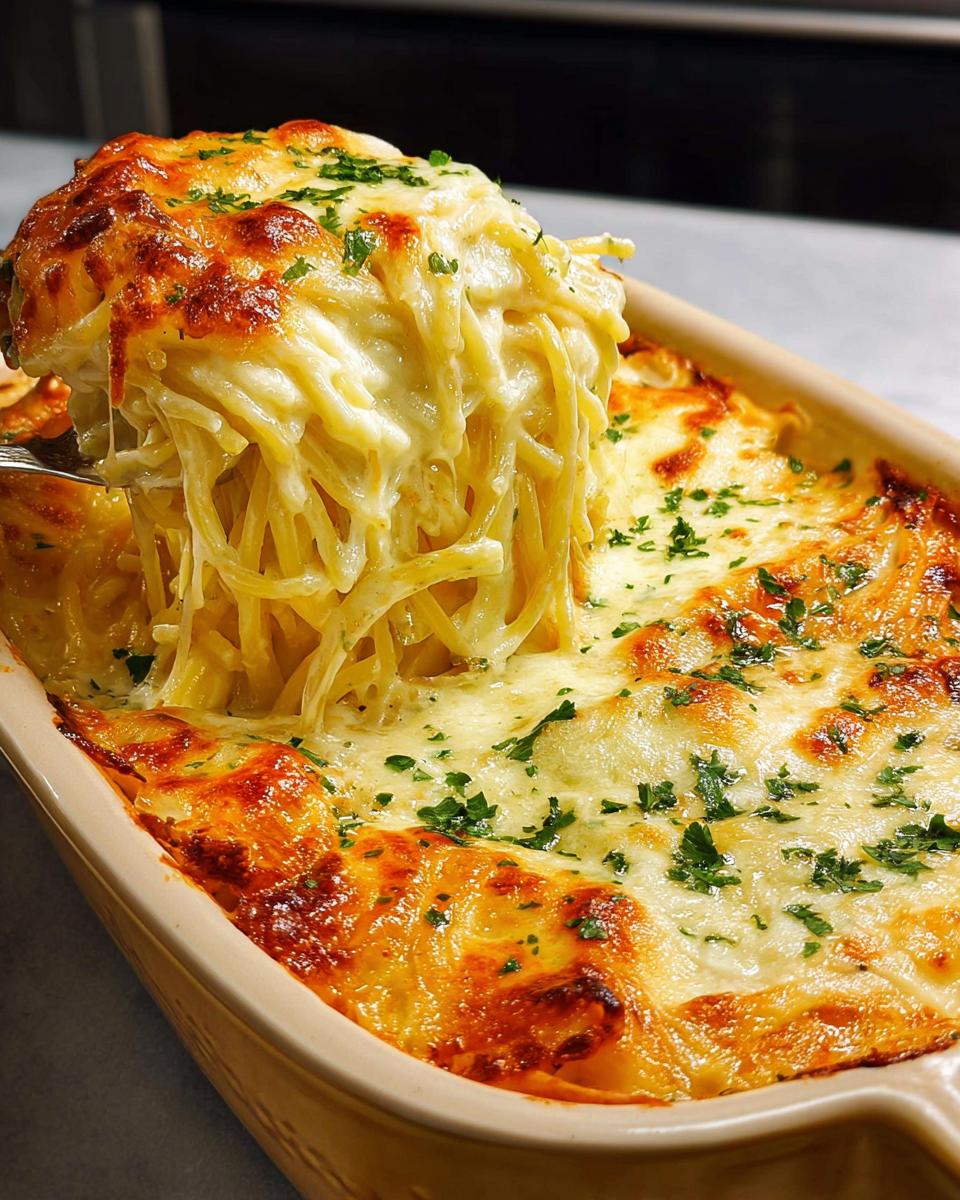 A fork lifting a generous portion of cheesy baked spaghetti from a casserole dish, sprinkled with parsley. The Only Pasta Recipes.