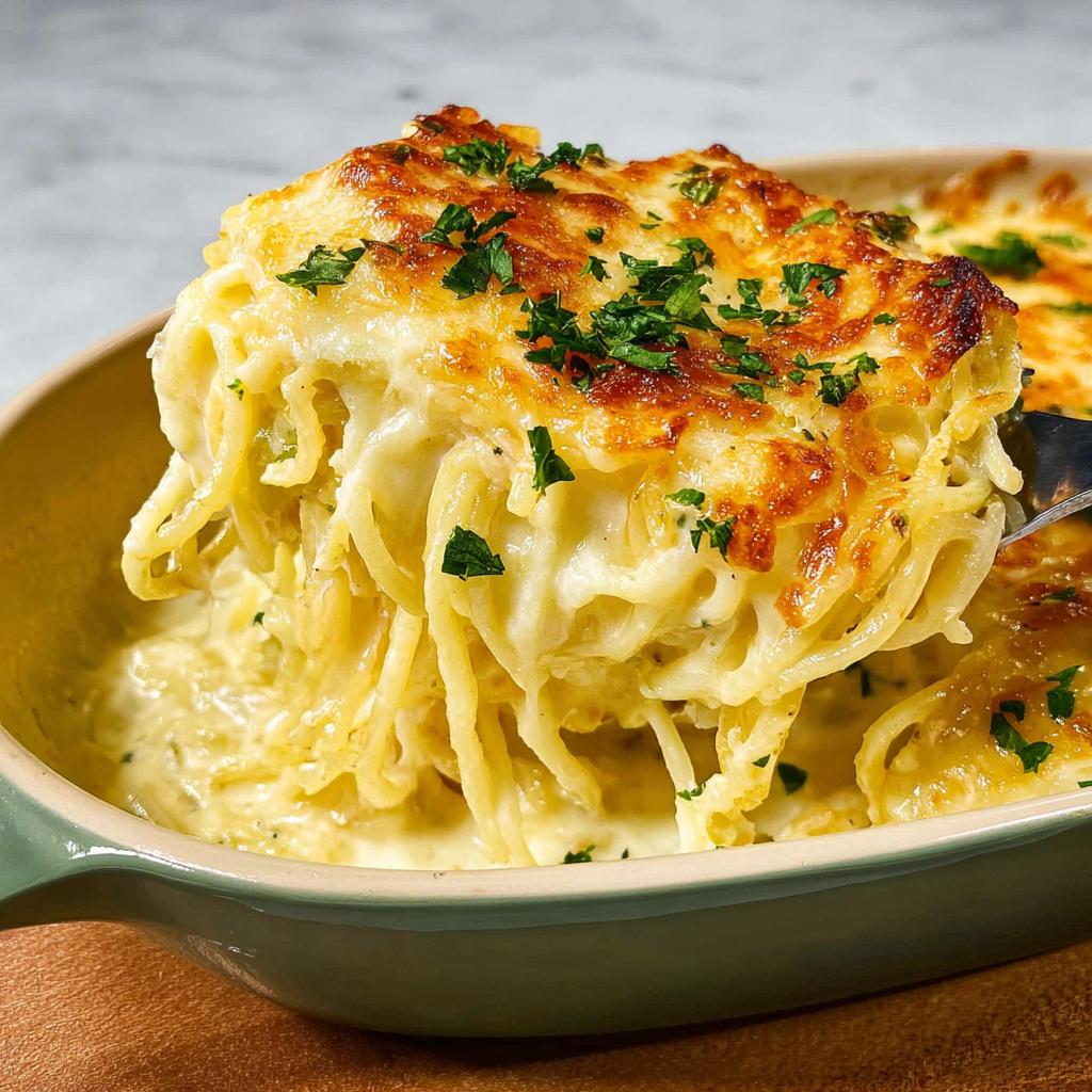 A serving of cheesy baked spaghetti casserole, topped with melted cheese and parsley, being lifted with a fork.