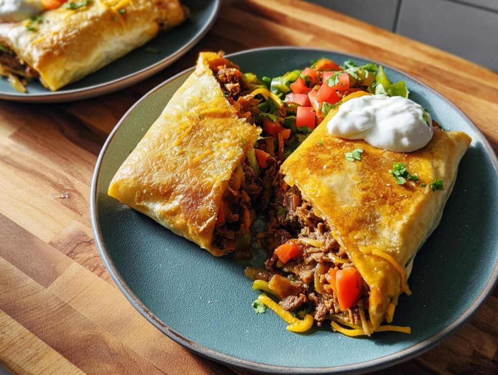 A golden-brown cheesy beef burrito cut in half, served with a side of chopped vegetables and sour cream. Part of 20-Ingredient Easy Dinner Recipes.