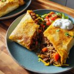 A golden-brown cheesy beef burrito cut in half, served with a side of chopped vegetables and sour cream. Part of 20-Ingredient Easy Dinner Recipes.