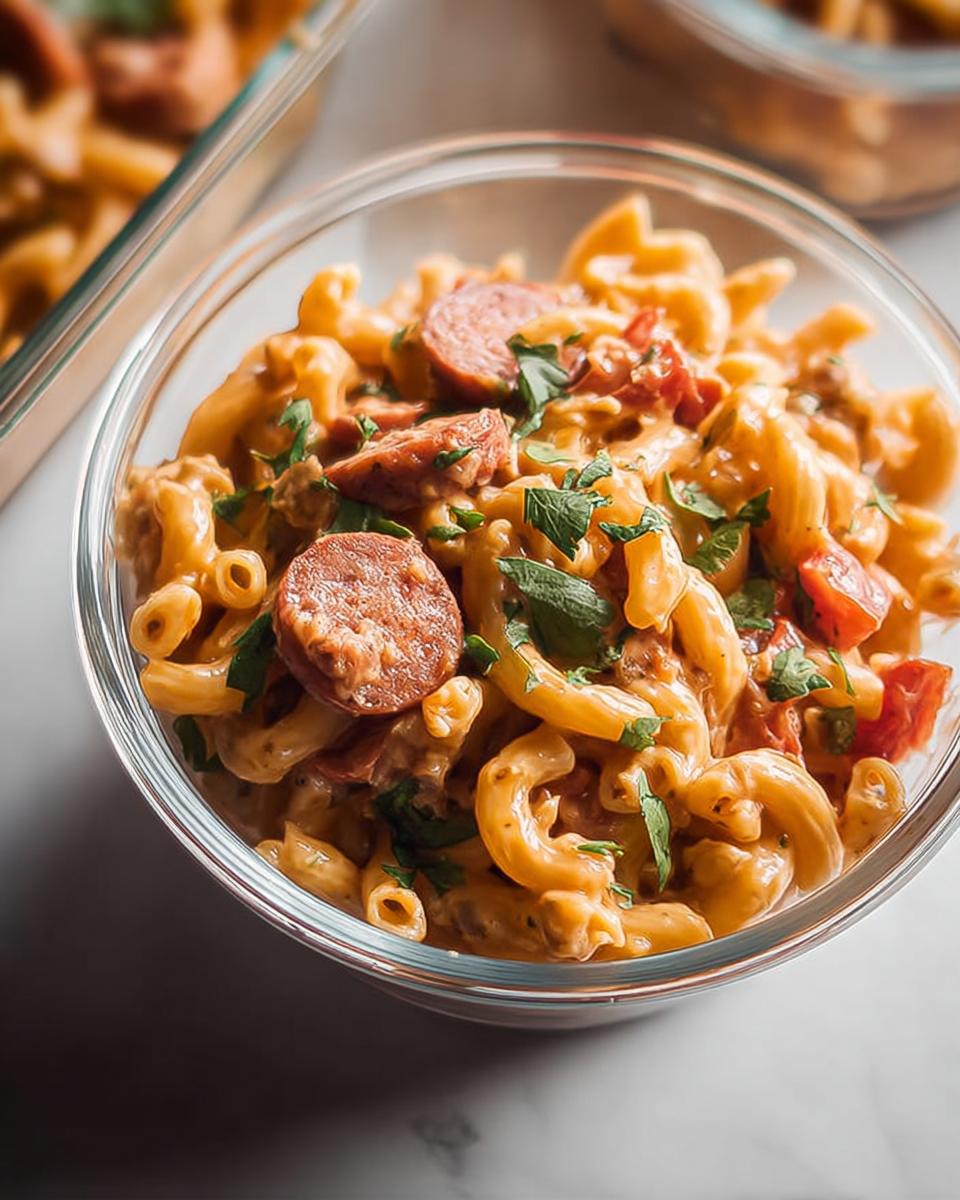 Close-up of cheesy sausage pasta in a glass bowl, perfect for pasta recipes meal prep.