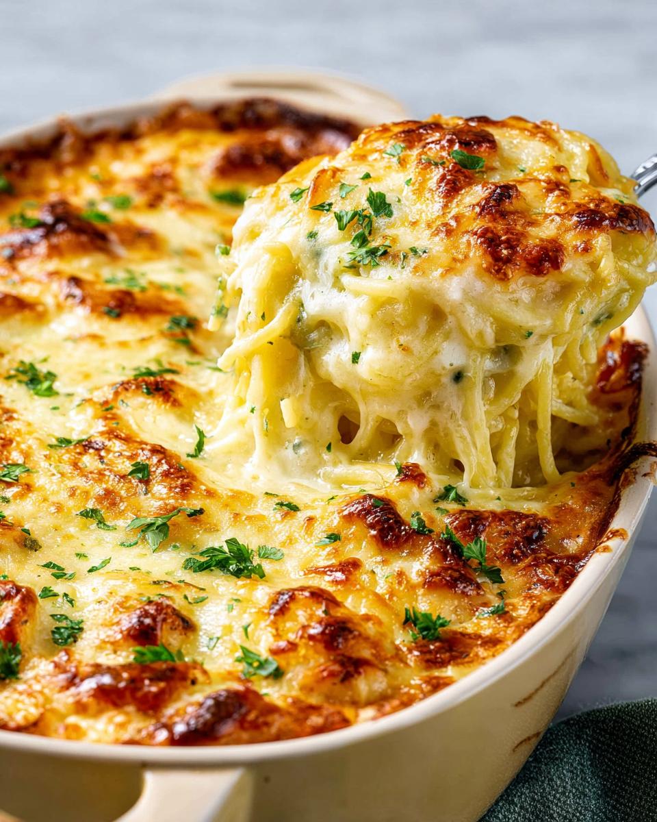 A serving spoon lifts a portion of cheesy spaghetti bake from a casserole dish, showing gooey cheese and pasta.