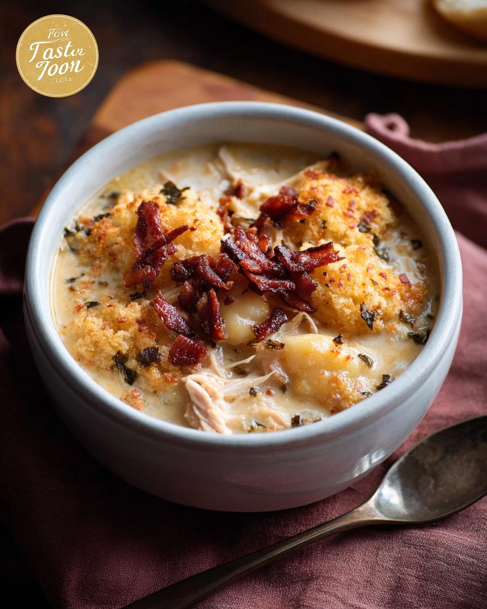 Close-up of a bowl of creamy chicken and dumpling soup, topped with crispy bacon and breadcrumbs.