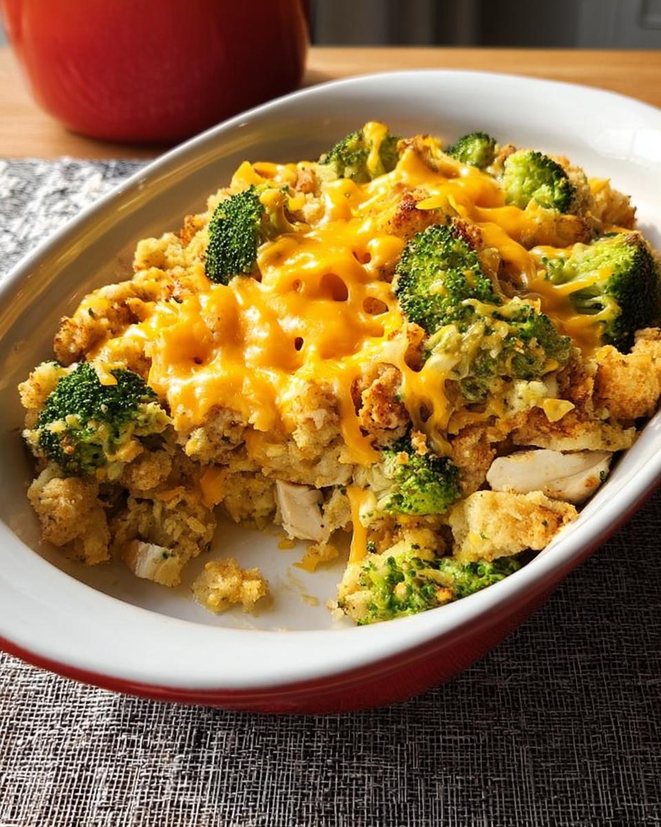 A close-up of a cheesy chicken broccoli casserole in a red baking dish, showcasing tender chicken, vibrant broccoli florets, and melted cheddar cheese.