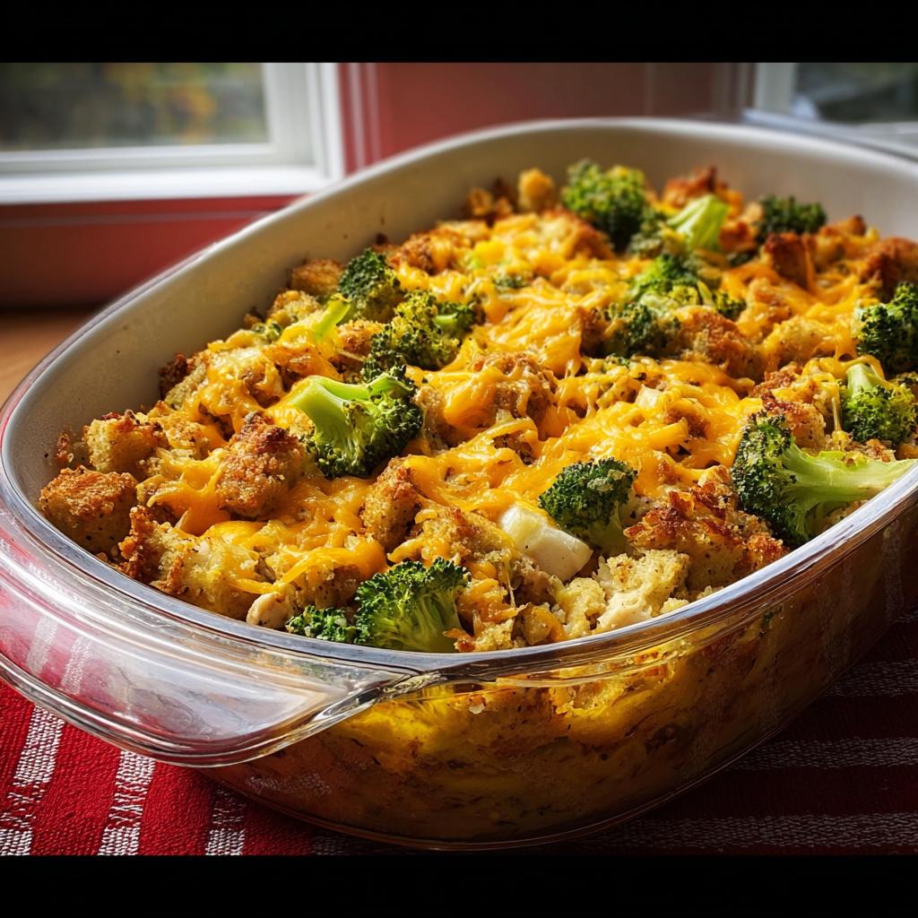 A golden-brown chicken and broccoli casserole topped with melted cheddar cheese, ready to be served.