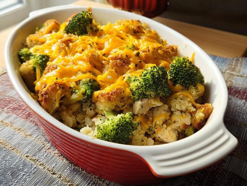 A close-up of a baked chicken and broccoli casserole topped with melted cheddar cheese and croutons.