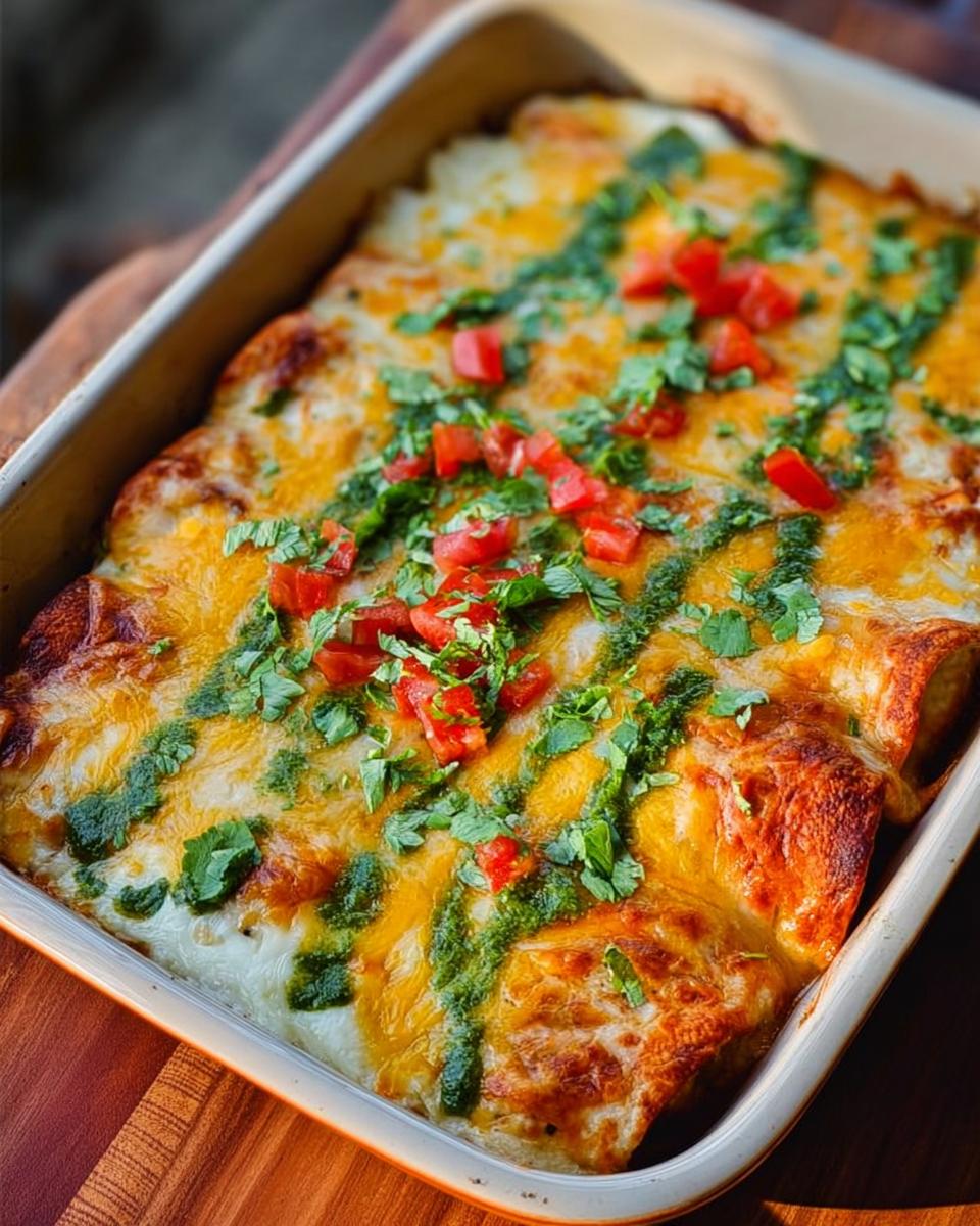 Close-up of baked chicken enchiladas topped with melted cheese, cilantro, tomatoes, and a green sauce.