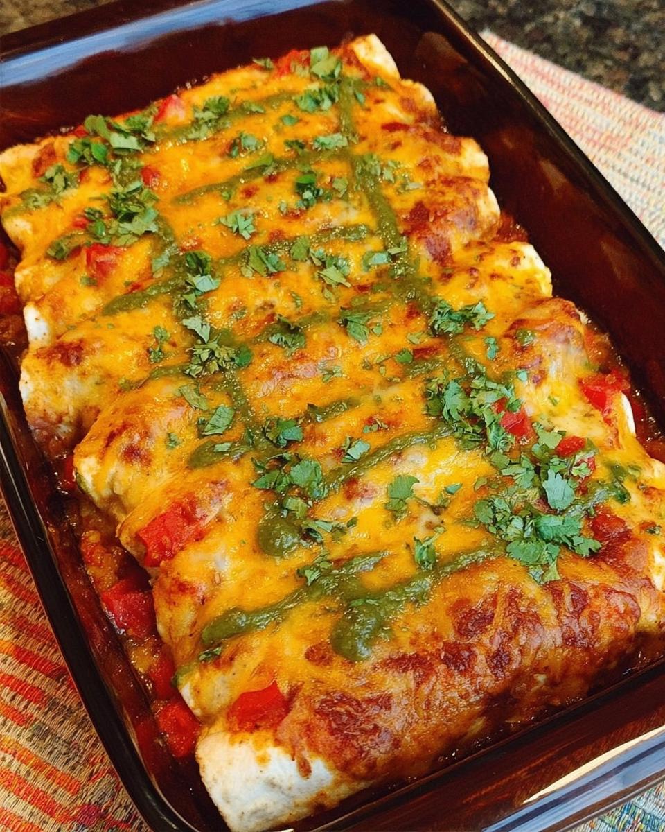 Close-up of baked chicken enchiladas topped with melted cheese, red peppers, and cilantro.