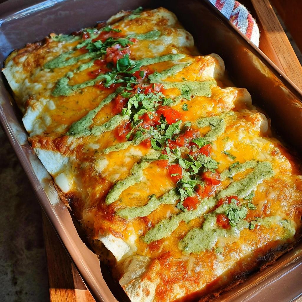 Close-up of baked chicken enchiladas in a casserole dish, topped with melted cheese, green sauce, and pico de gallo.