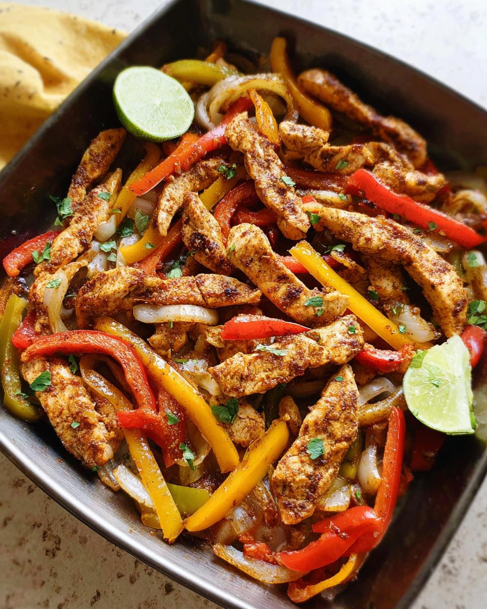 Close-up of colorful chicken fajitas with bell peppers and onions in a baking pan, garnished with lime.