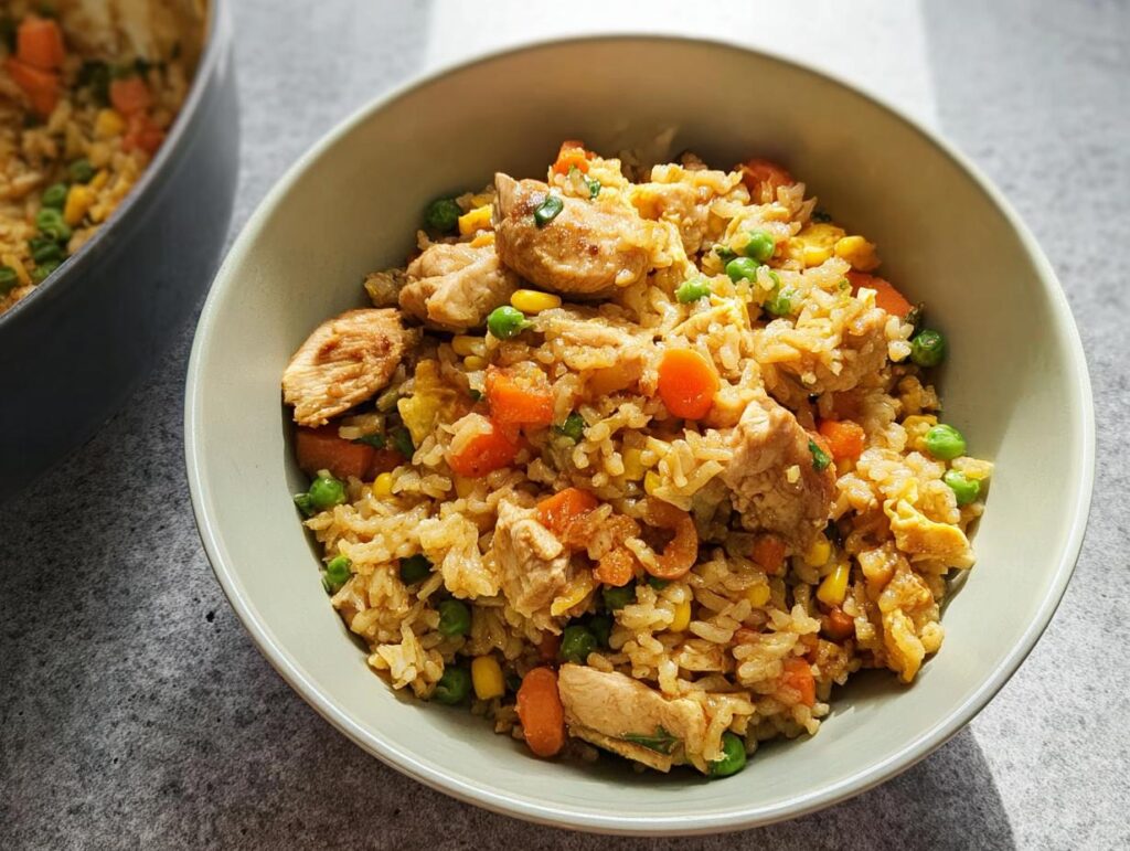 A close-up of a bowl filled with chicken fried rice, featuring chicken pieces, peas, carrots, and corn.