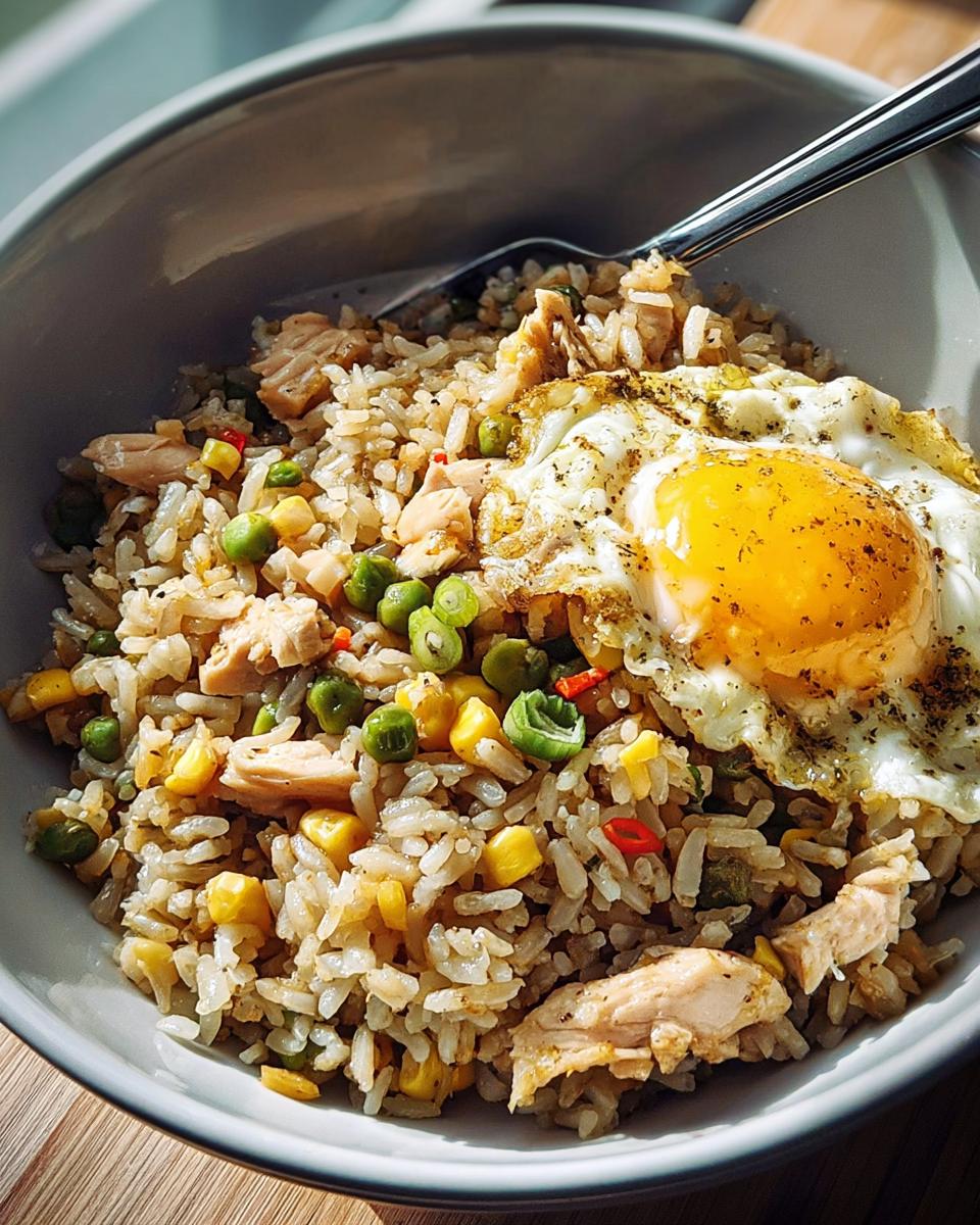 A close-up of a bowl of chicken fried rice, topped with a sunny-side-up egg and mixed vegetables.