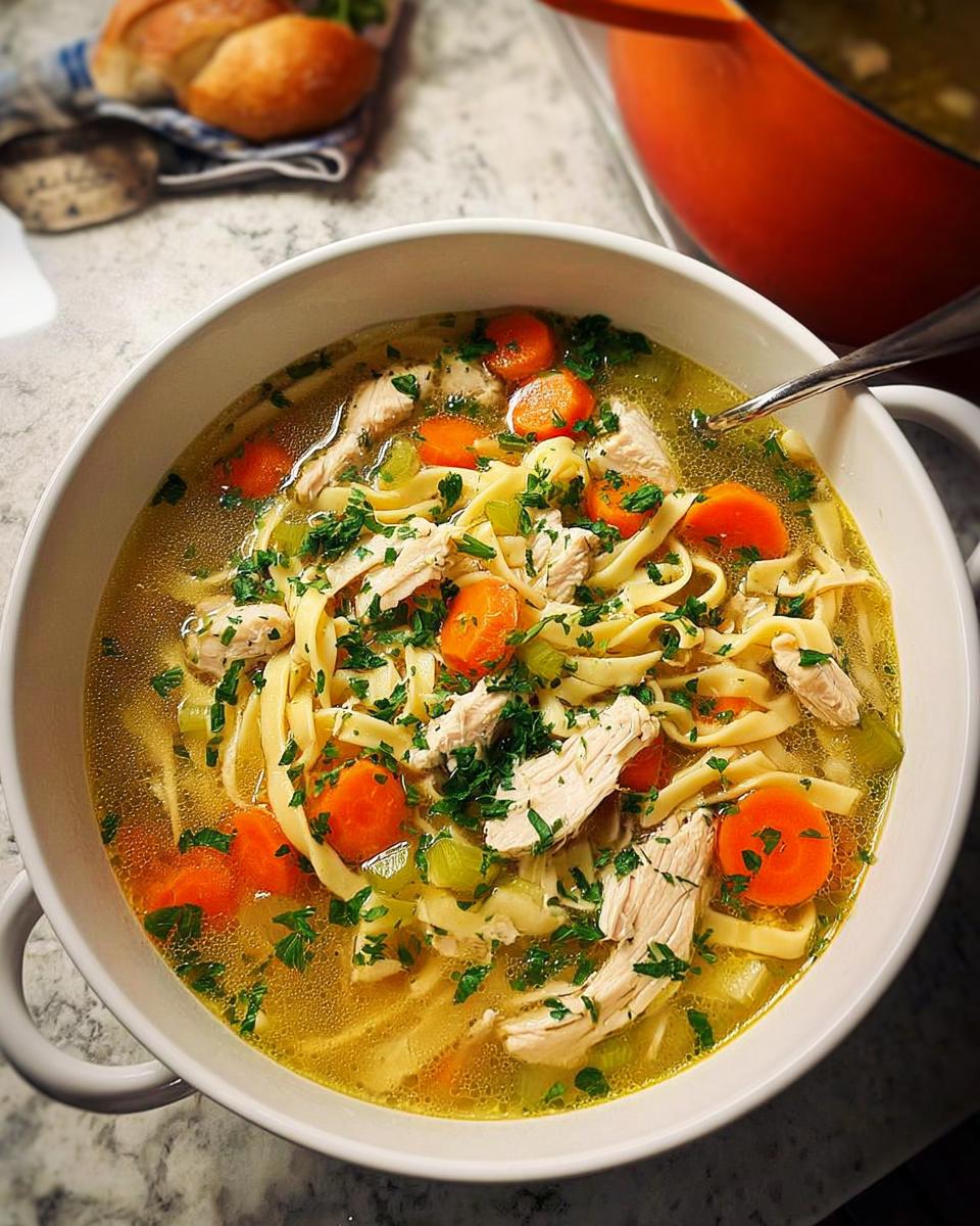 A close-up of a bowl of homemade chicken noodle soup, featuring tender chicken, wide noodles, carrots, celery, and fresh parsley.