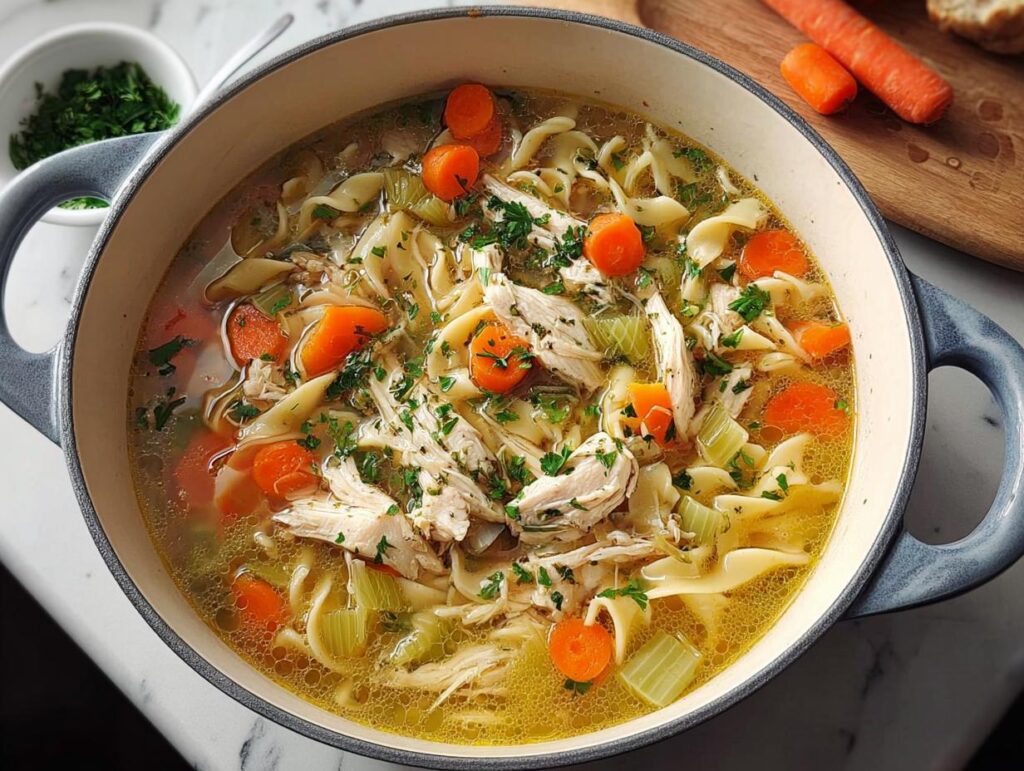 A steaming pot of homemade chicken noodle soup, featuring shredded chicken, wide egg noodles, carrots, and celery, garnished with fresh parsley.