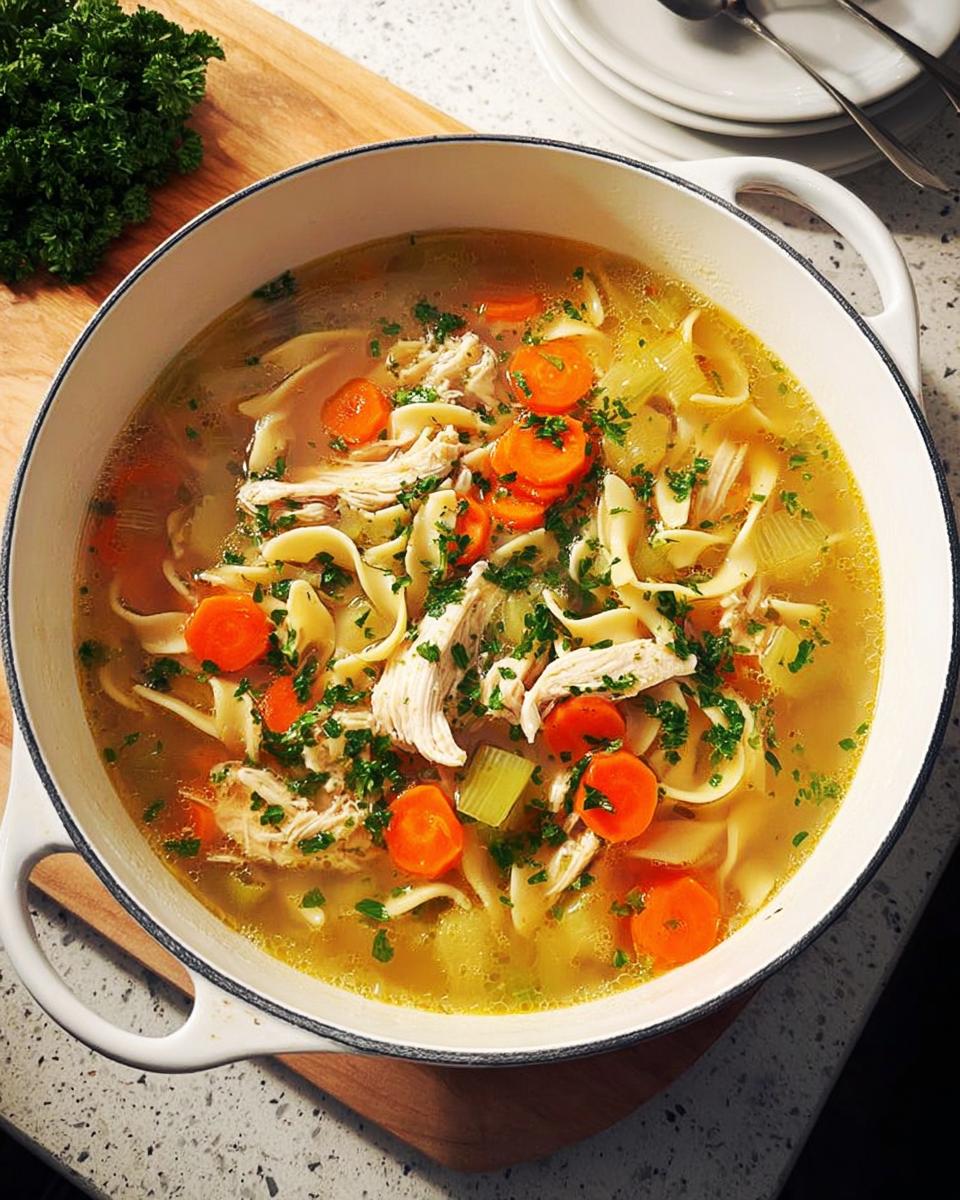 A steaming pot of homemade chicken noodle soup, filled with shredded chicken, egg noodles, carrots, and celery, garnished with parsley.