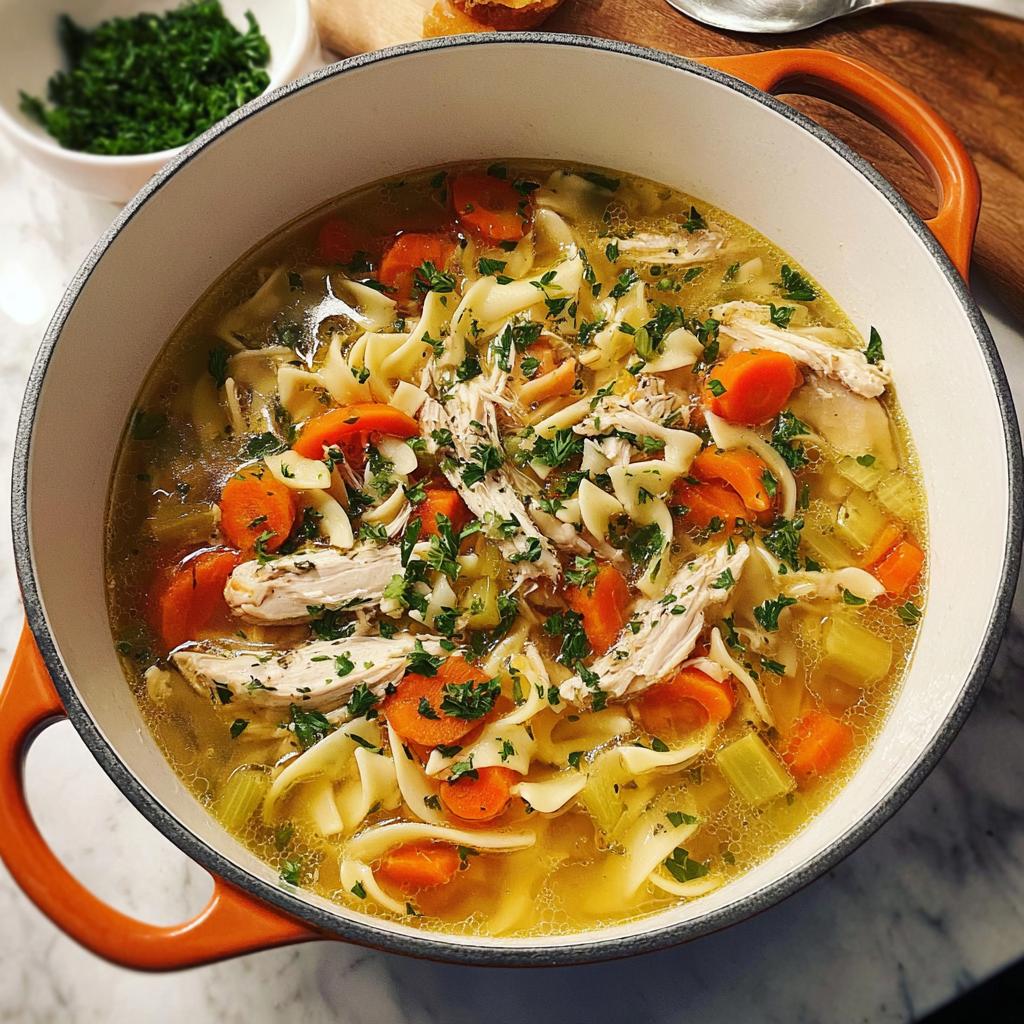 A hearty bowl of chicken noodle soup, featuring shredded chicken, egg noodles, carrots, and celery, garnished with parsley.