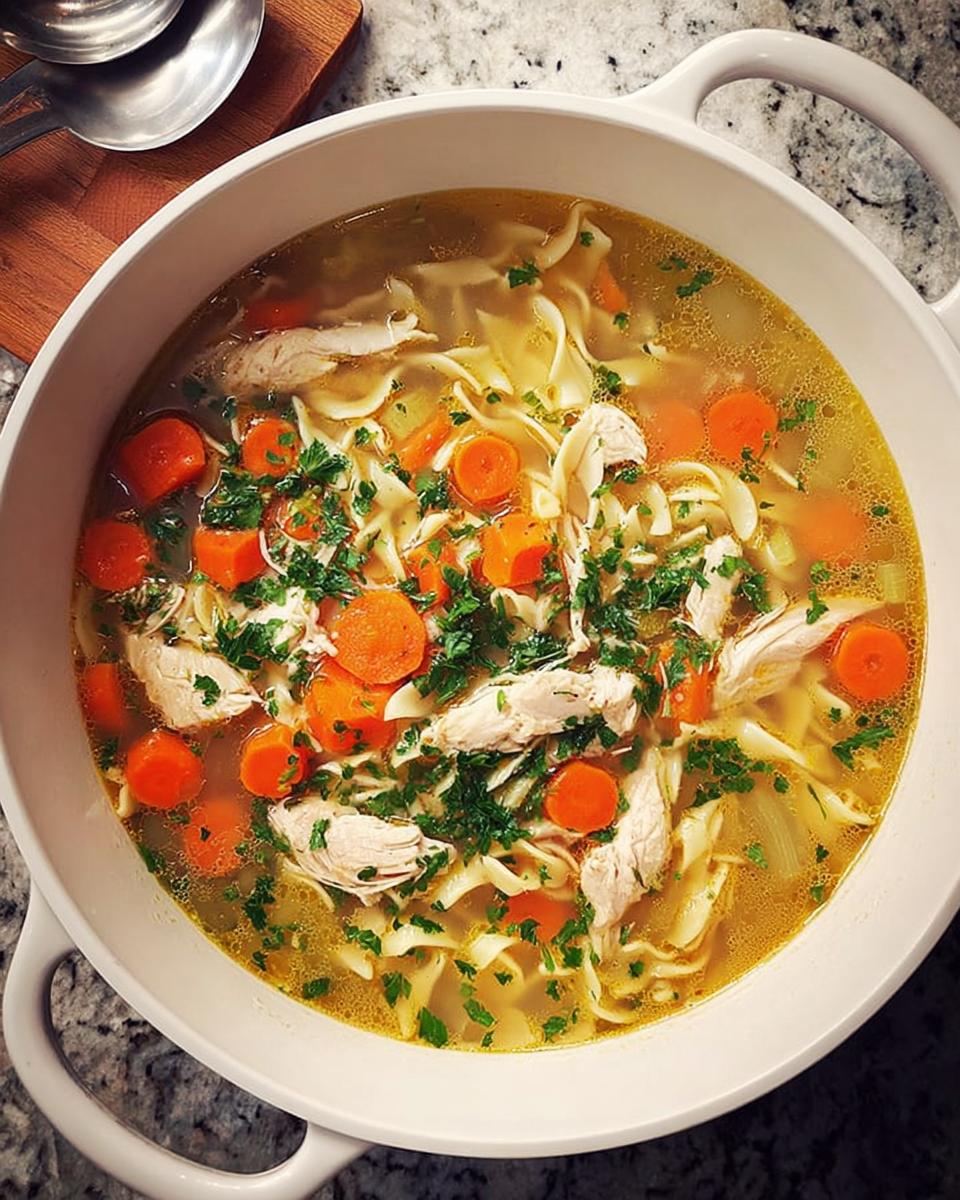 A close-up overhead view of a bowl of hearty chicken noodle soup with noodles, shredded chicken, carrots, and parsley.