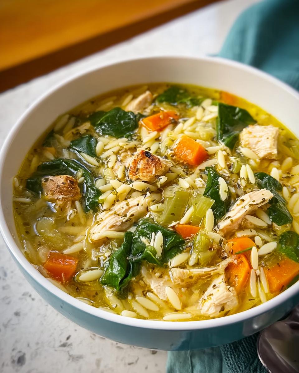 A bowl of steaming chicken orzo soup with carrots, spinach, and herbs, perfect for restaurant soup recipes at home.